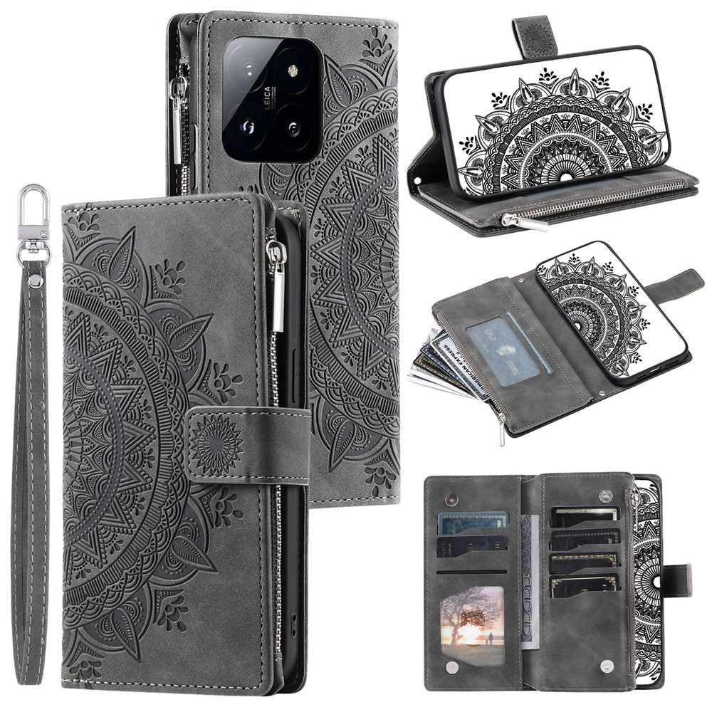 006 For Xiaomi 14 Case Slim-Fit Phone Shell Leather Wallet Imprinted Phone Cover with Strap