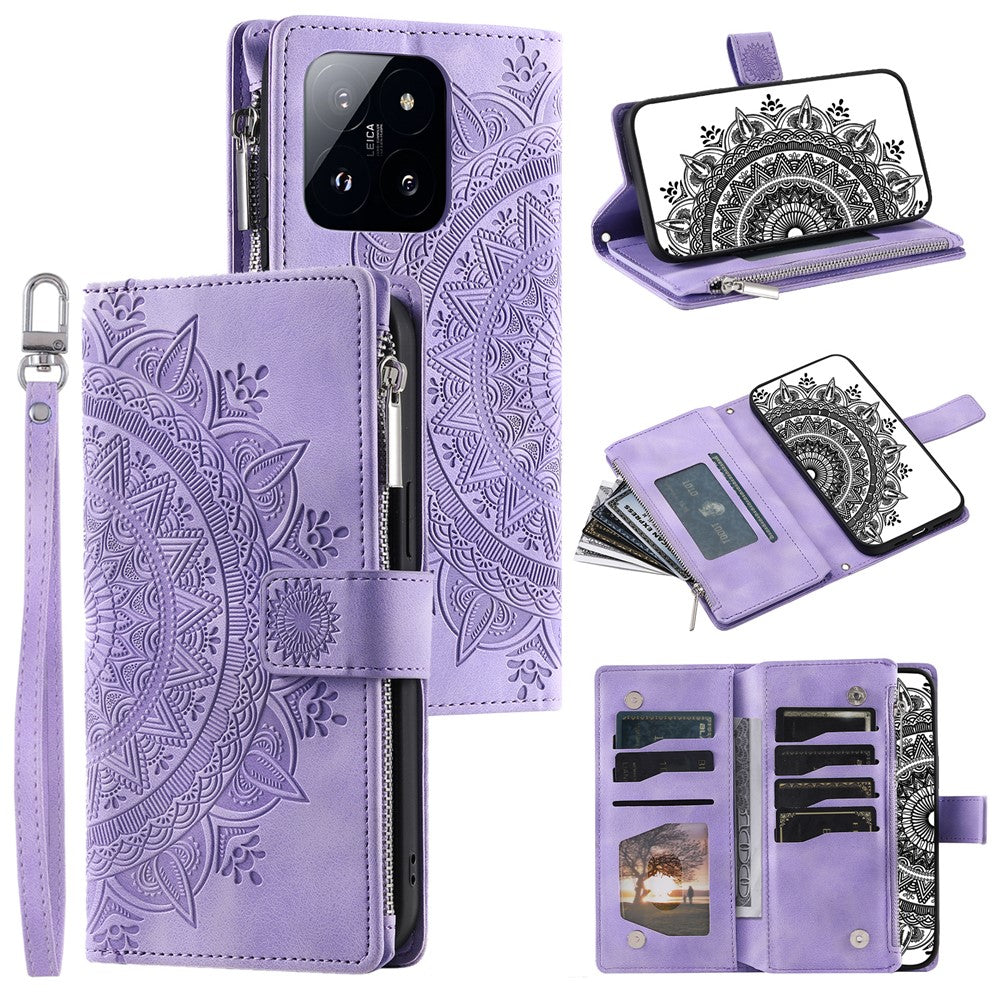 006 For Xiaomi 14 Case Slim-Fit Phone Shell Leather Wallet Imprinted Phone Cover with Strap