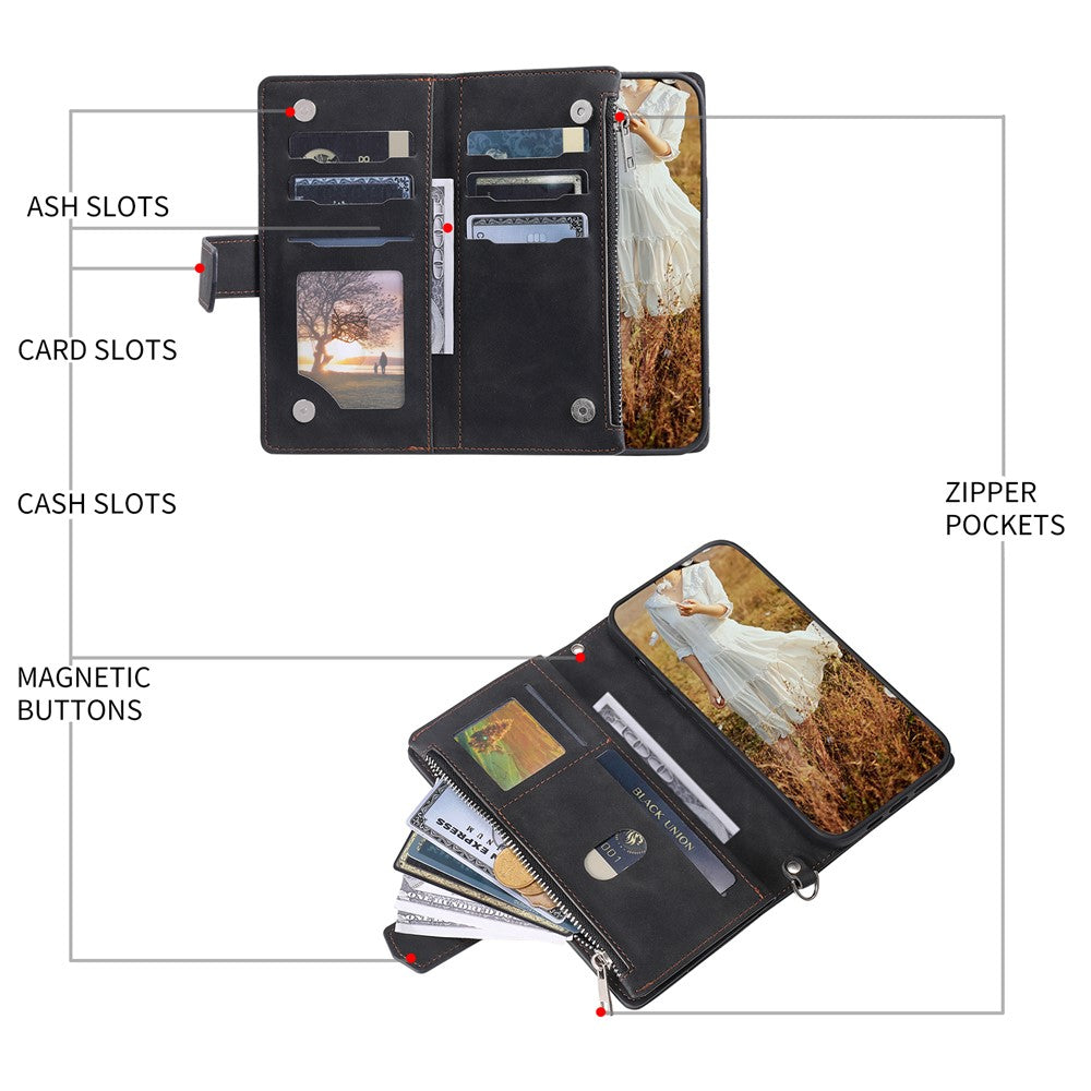 005 Style For Xiaomi 14 Case Zipper Pocket Phone Leather Cover with Hand Strap and Shoulder Strap