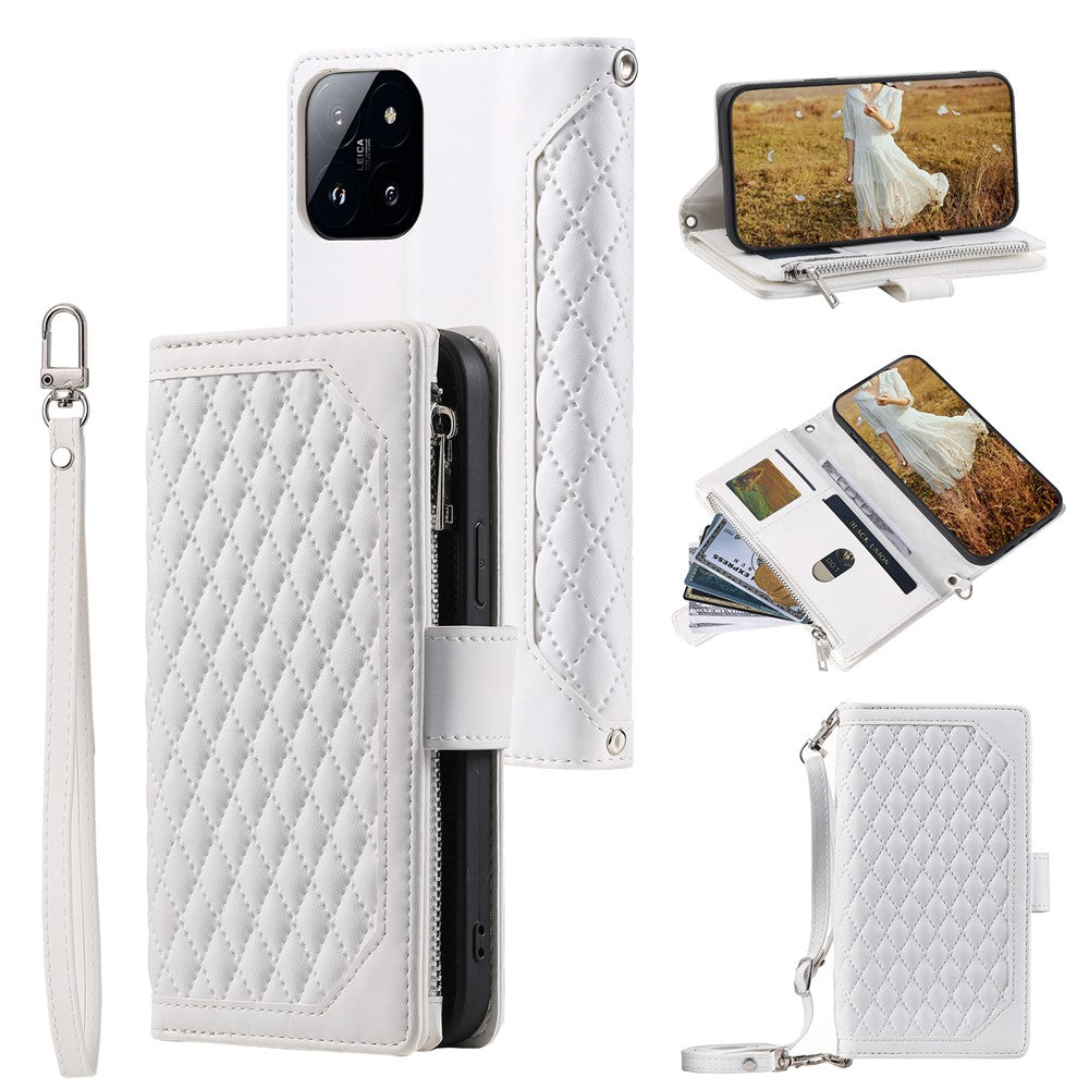 005 Style For Xiaomi 14 Case Zipper Pocket Phone Leather Cover with Hand Strap and Shoulder Strap