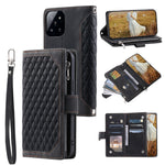 005 Style For Xiaomi 14 Case PU Leather Zipper Pocket Rhombus Phone Cover with Strap