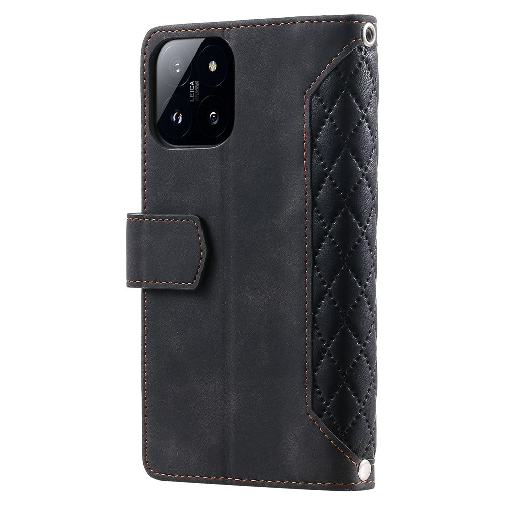 005 Style For Xiaomi 14 Case PU Leather Zipper Pocket Rhombus Phone Cover with Strap