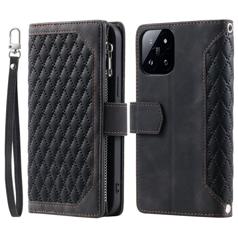 005 Style For Xiaomi 14 Case PU Leather Zipper Pocket Rhombus Phone Cover with Strap