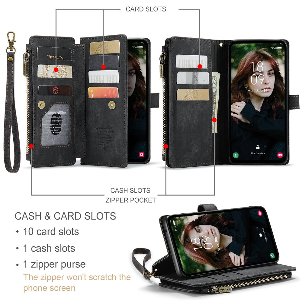 For Samsung Galaxy S23 FE Phone Cases with Strap CASEME C30 Zipper Multiple Card Holder PU Leather Cover