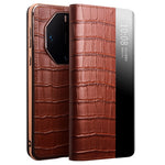 QIALINO För Huawei Mate 60 RS Ultimate Skal Anti-fall Fönster Äkta Koläder Stativ Mobilskal
