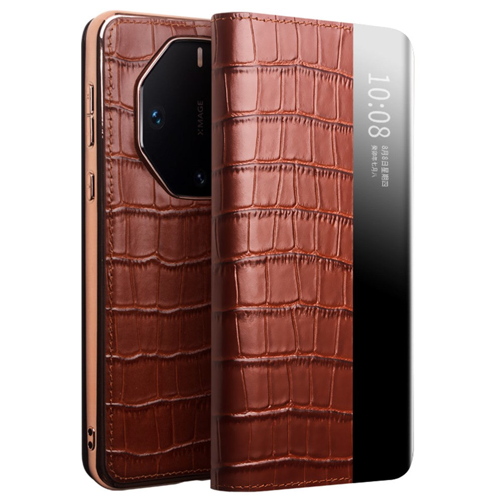 QIALINO För Huawei Mate 60 RS Ultimate Skal Anti-fall Fönster Äkta Koläder Stativ Mobilskal