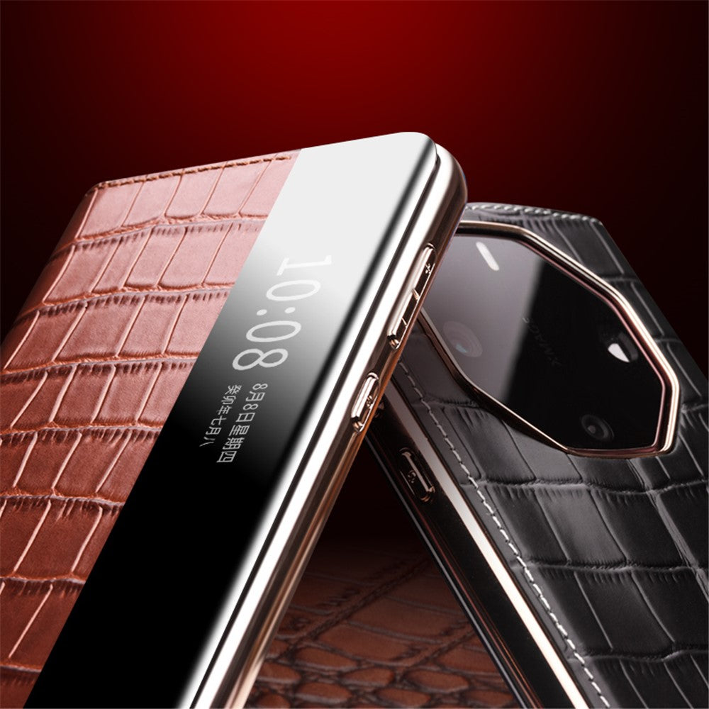 QIALINO För Huawei Mate 60 RS Ultimate Skal Anti-fall Fönster Äkta Koläder Stativ Mobilskal