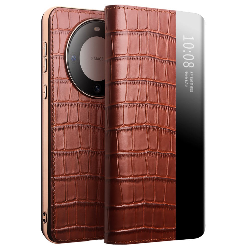 QIALINO For Huawei Mate 60 Case Genuine Cow Leather View Window Shockproof Flip Phone Cover