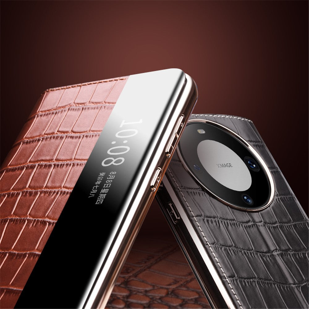 QIALINO For Huawei Mate 60 Case Genuine Cow Leather View Window Shockproof Flip Phone Cover