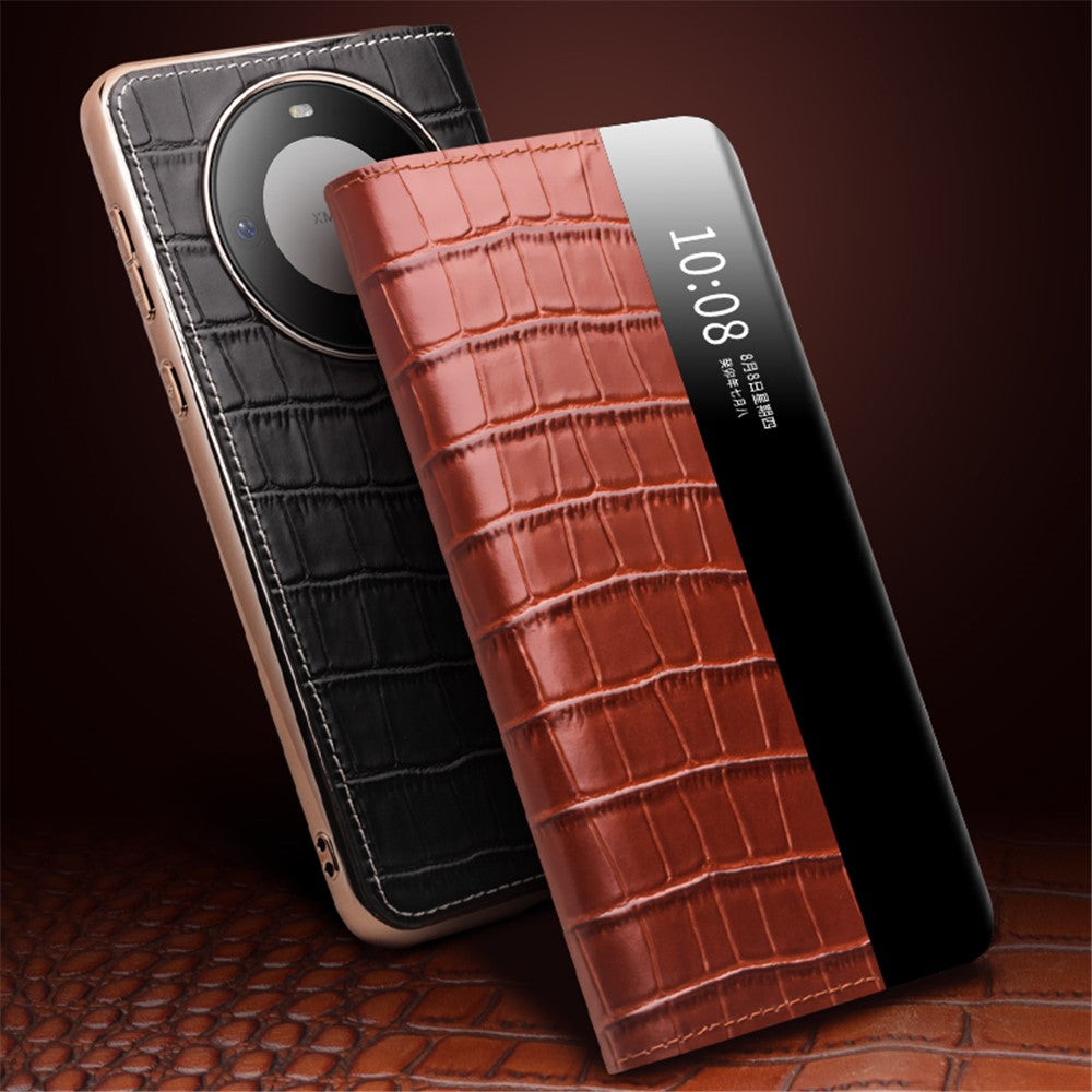 QIALINO For Huawei Mate 60 Case Genuine Cow Leather View Window Shockproof Flip Phone Cover