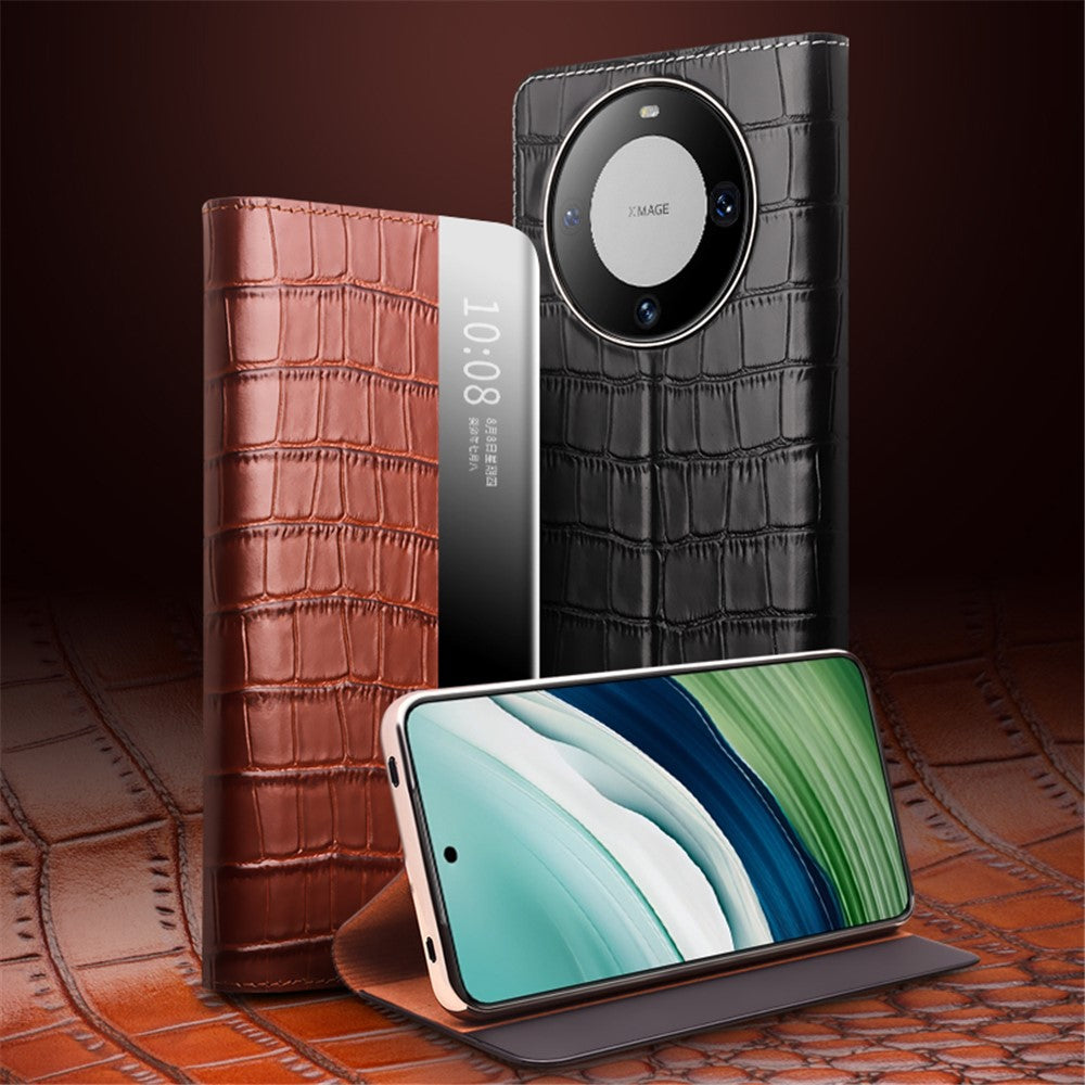 QIALINO For Huawei Mate 60 Case Genuine Cow Leather View Window Shockproof Flip Phone Cover