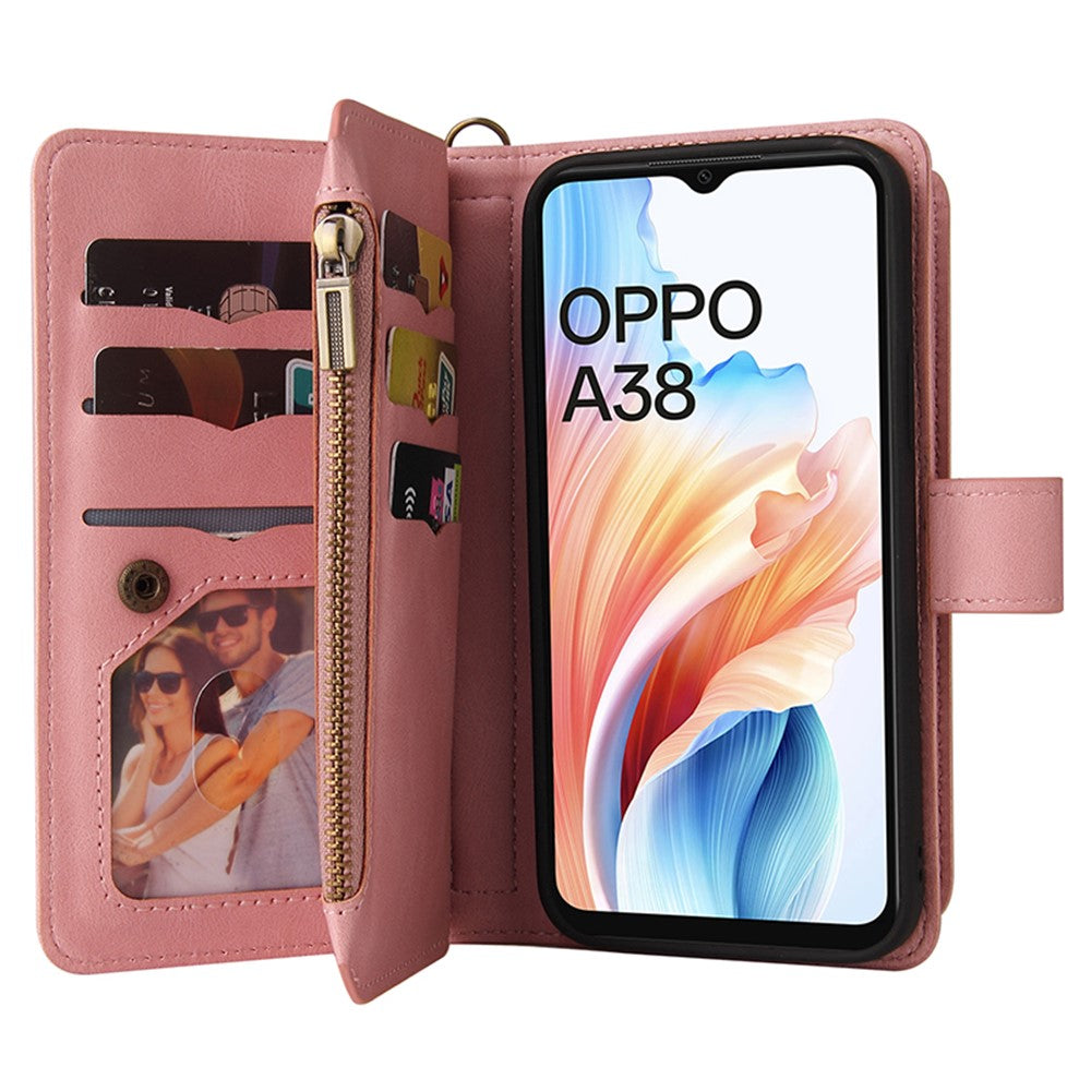 For Oppo A38 4G Zipper Wallet Case with 15 Card Slots and Strap Leather Phone Cover