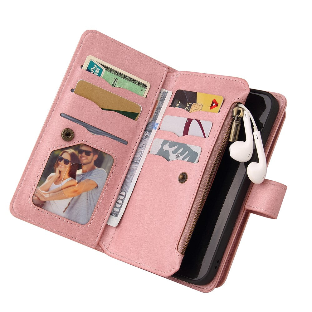 For Oppo A38 4G Zipper Wallet Case with 15 Card Slots and Strap Leather Phone Cover