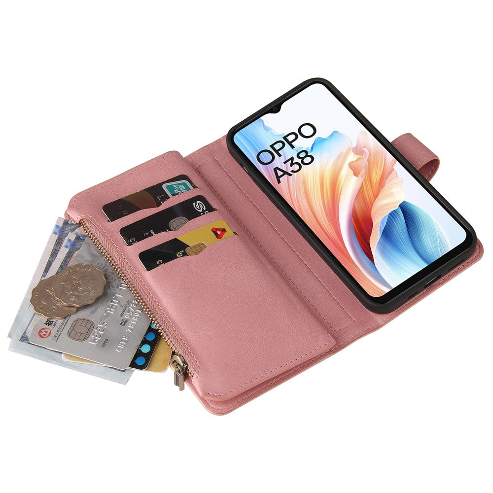For Oppo A38 4G Zipper Wallet Case with 15 Card Slots and Strap Leather Phone Cover