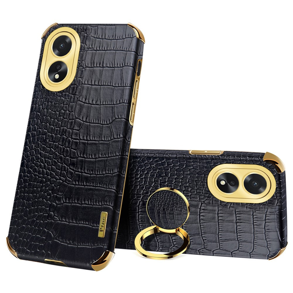 For Oppo A38 4G Case Crocodile Texture Ring Holder Kickstand Leather+TPU Phone Cover