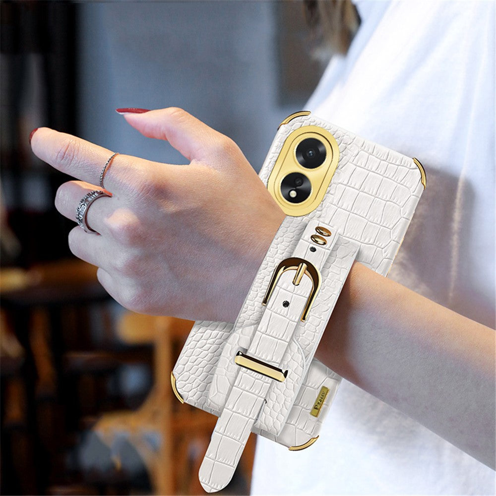 For Oppo A38 4G Case Electroplating Leather+TPU Phone Cover with Wristband