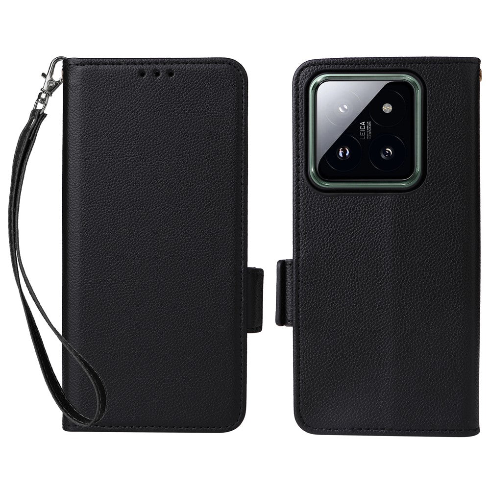 For Xiaomi 14 Pro Wallet Phone Case Magnetic Litchi Texture PU Leather Phone Cover with Strap