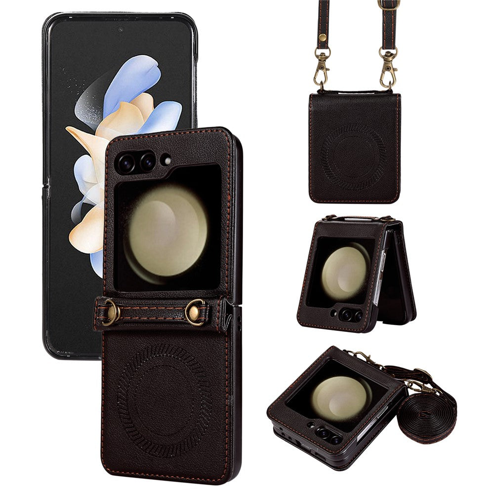 For Samsung Galaxy Z Flip5 5G Case Magnetic Phone Shell TPU+PU Leather Phone Cover with Strap