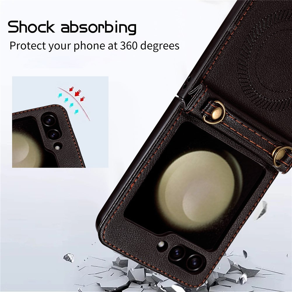 For Samsung Galaxy Z Flip5 5G Case Magnetic Phone Shell TPU+PU Leather Phone Cover with Strap