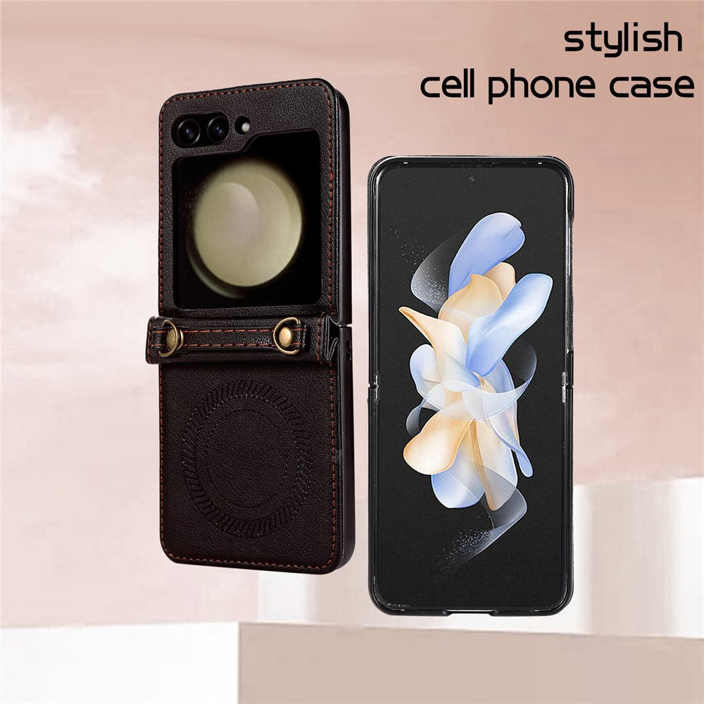For Samsung Galaxy Z Flip5 5G Case Magnetic Phone Shell TPU+PU Leather Phone Cover with Strap