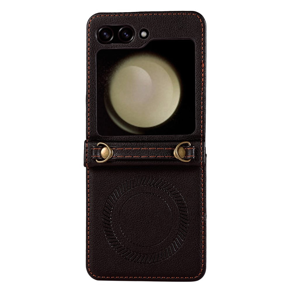 For Samsung Galaxy Z Flip5 5G Case Magnetic Phone Shell TPU+PU Leather Phone Cover with Strap