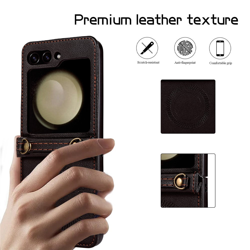 For Samsung Galaxy Z Flip5 5G Case Magnetic Phone Shell TPU+PU Leather Phone Cover with Strap