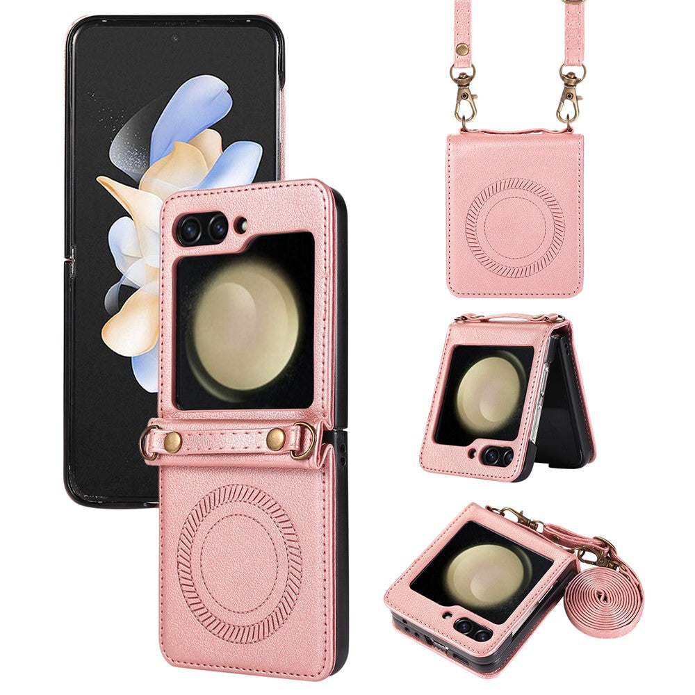 For Samsung Galaxy Z Flip5 5G Case Magnetic Phone Shell TPU+PU Leather Phone Cover with Strap