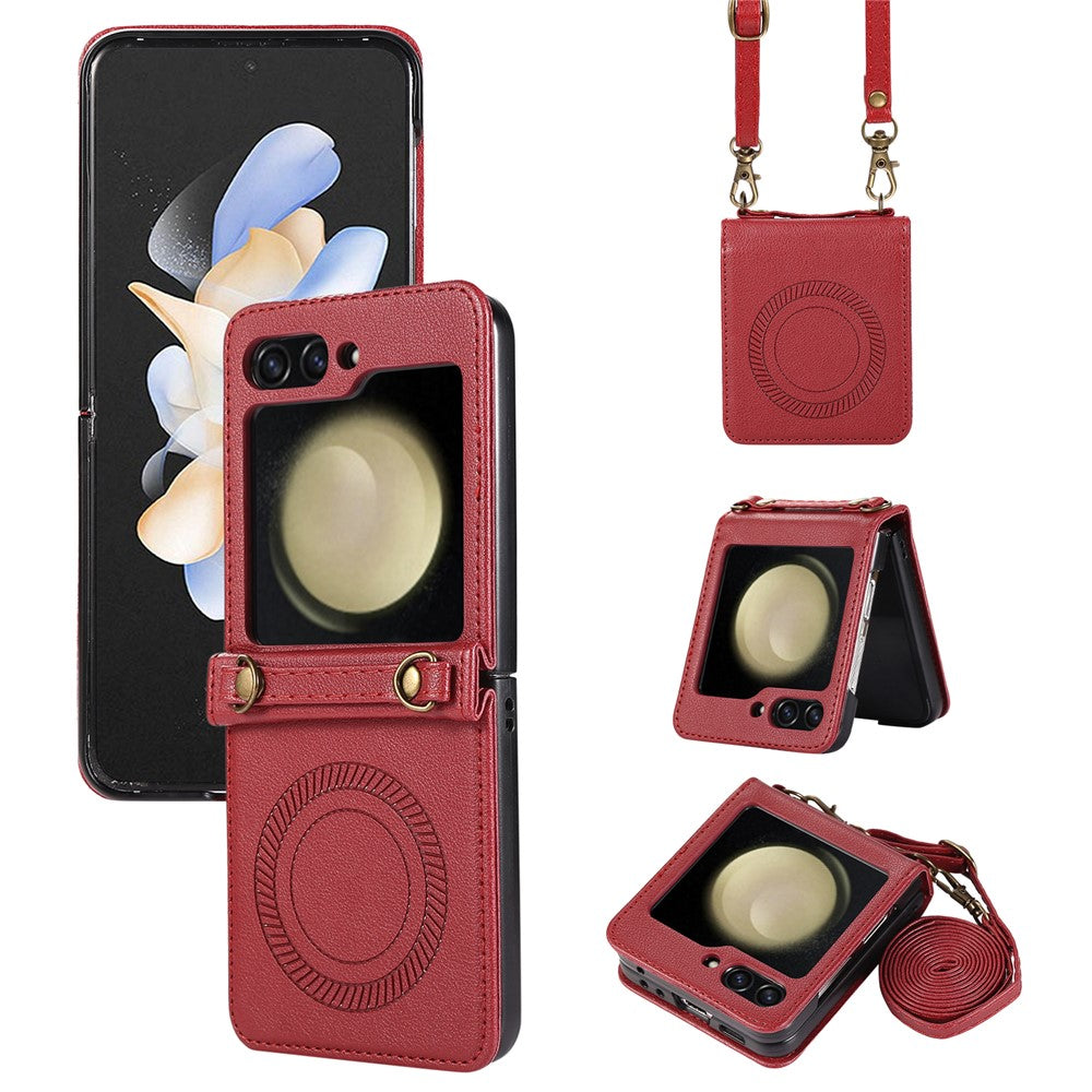 For Samsung Galaxy Z Flip5 5G Case Magnetic Phone Shell TPU+PU Leather Phone Cover with Strap