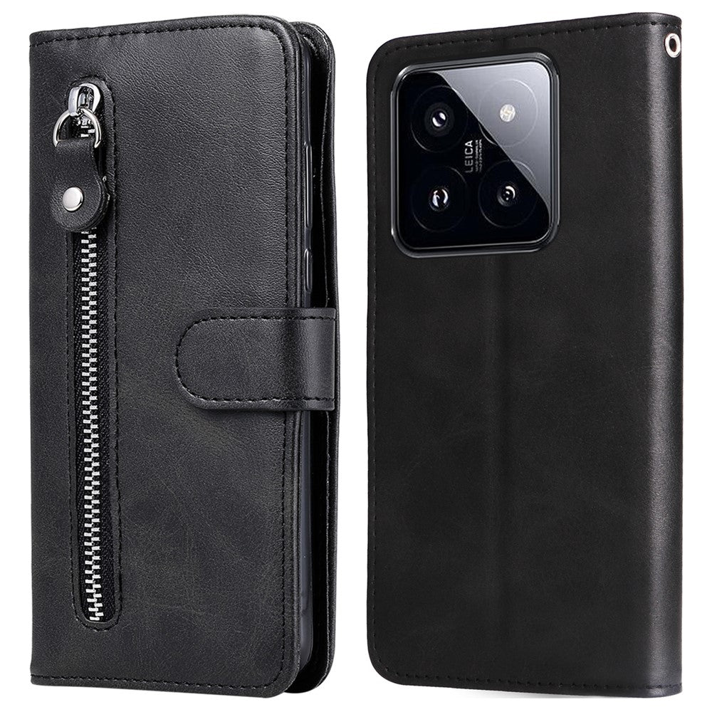Flipfodral i kalvskinnsläder till Xiaomi 14 Pro, dragkedja, fallskyddande plånboksfodral