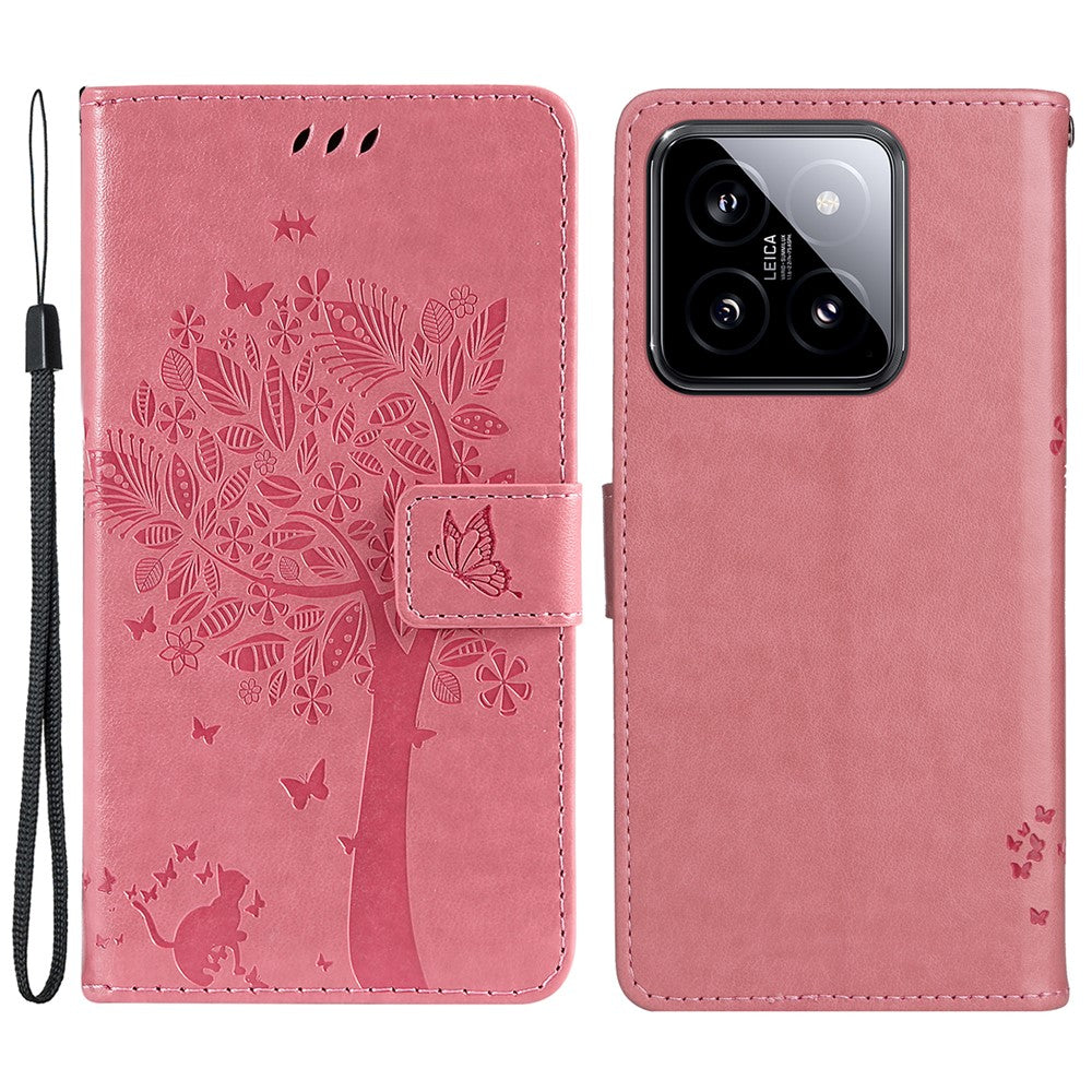 For Xiaomi 14 Phone Case with Stand Cat Tree Pattern Leather Wallet Mobile Cover