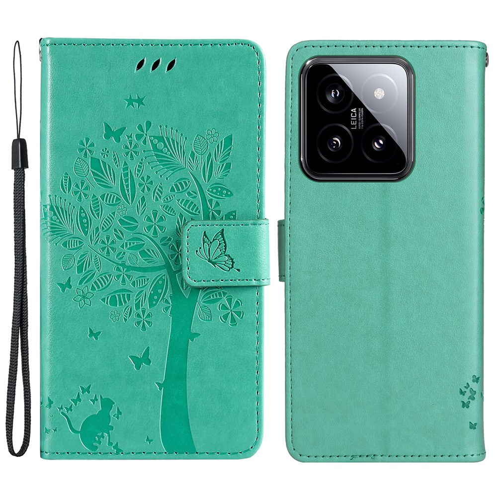 For Xiaomi 14 Phone Case with Stand Cat Tree Pattern Leather Wallet Mobile Cover