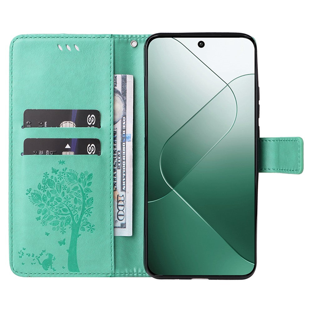 For Xiaomi 14 Phone Case with Stand Cat Tree Pattern Leather Wallet Mobile Cover