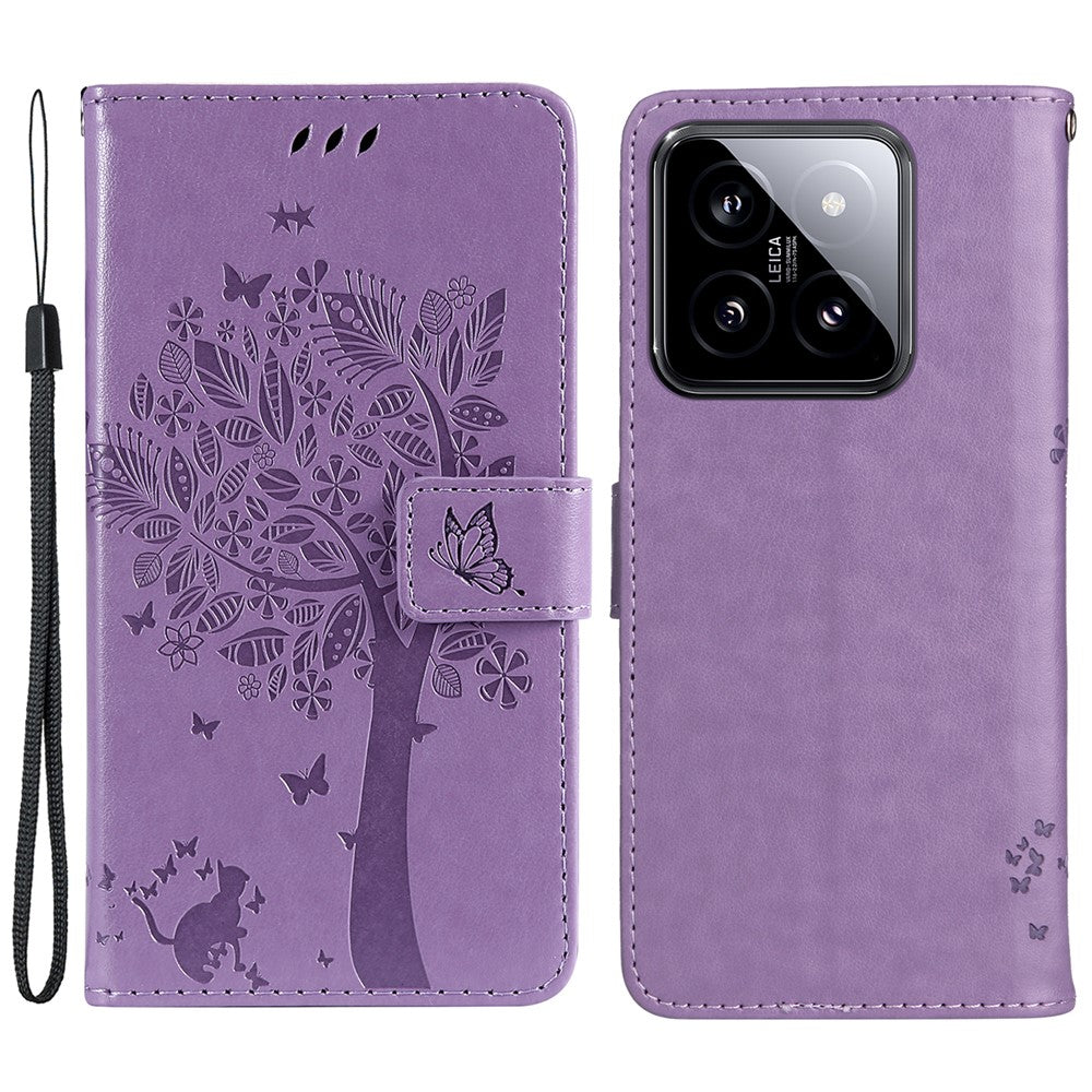 For Xiaomi 14 Phone Case with Stand Cat Tree Pattern Leather Wallet Mobile Cover