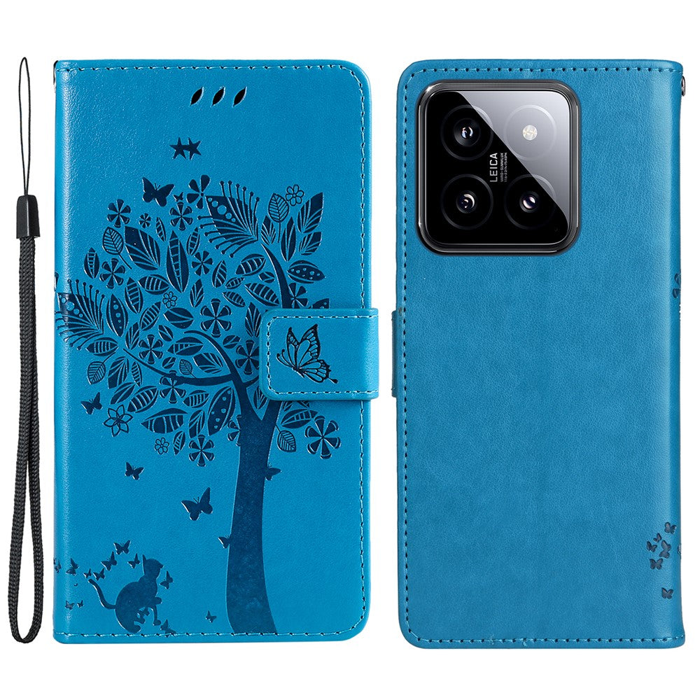 For Xiaomi 14 Phone Case with Stand Cat Tree Pattern Leather Wallet Mobile Cover