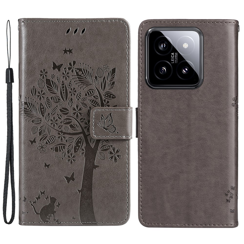 For Xiaomi 14 Phone Case with Stand Cat Tree Pattern Leather Wallet Mobile Cover