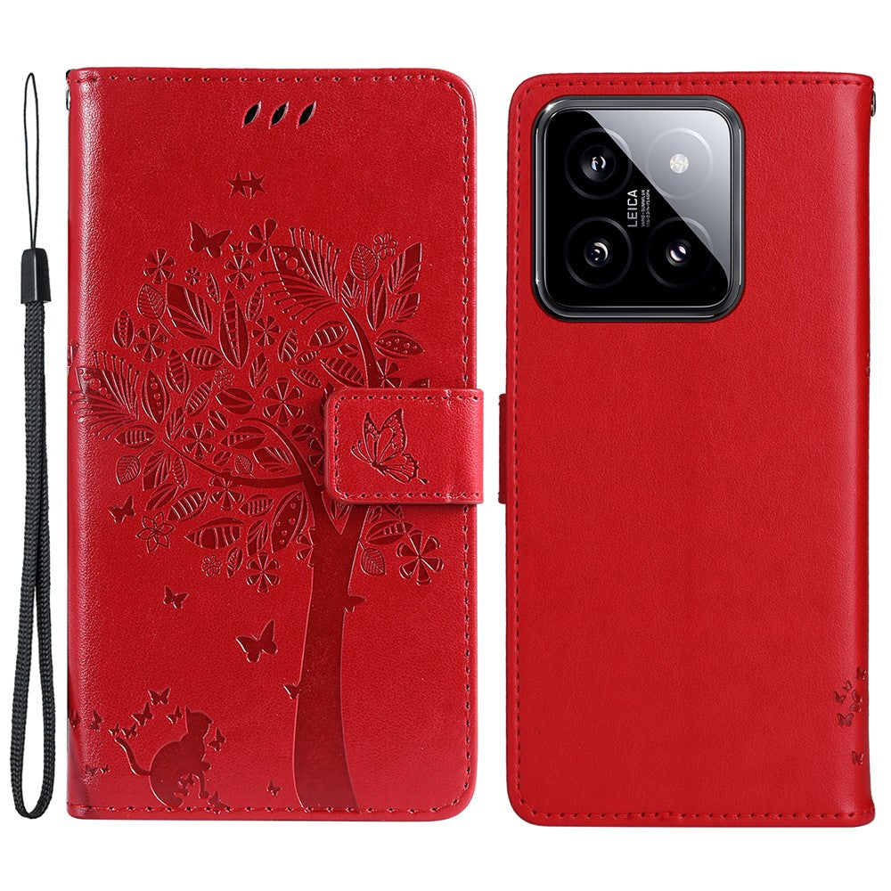 For Xiaomi 14 Phone Case with Stand Cat Tree Pattern Leather Wallet Mobile Cover