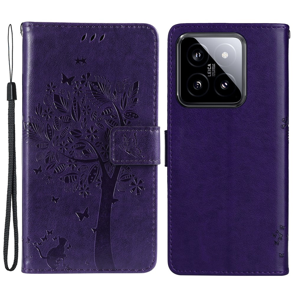 For Xiaomi 14 Phone Case with Stand Cat Tree Pattern Leather Wallet Mobile Cover