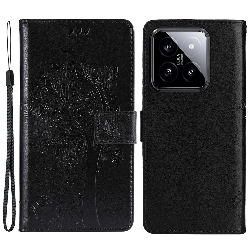 For Xiaomi 14 Phone Case with Stand Cat Tree Pattern Leather Wallet Mobile Cover