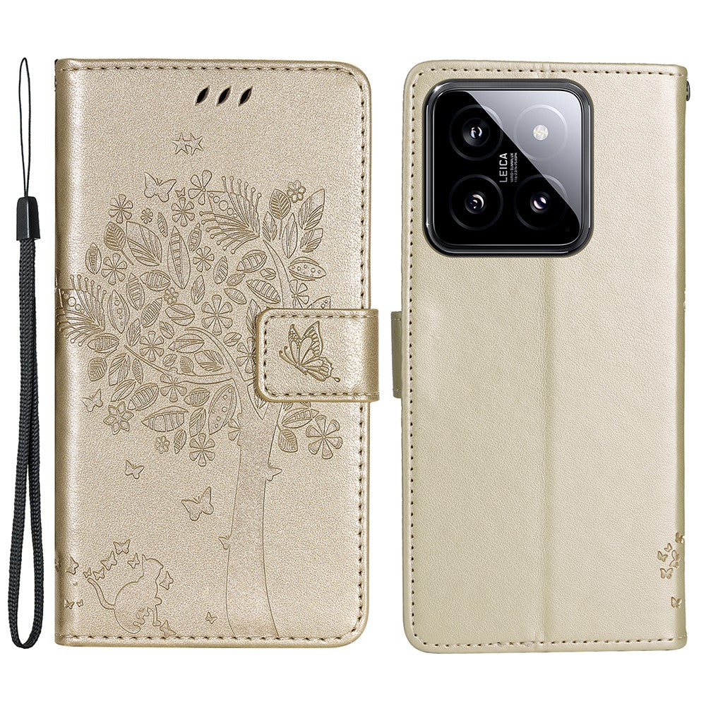 For Xiaomi 14 Phone Case with Stand Cat Tree Pattern Leather Wallet Mobile Cover