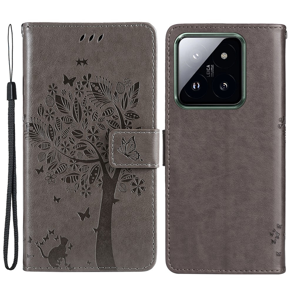 For Xiaomi 14 Pro Phone Case with Stand Cat Tree Pattern Leather Wallet Mobile Cover