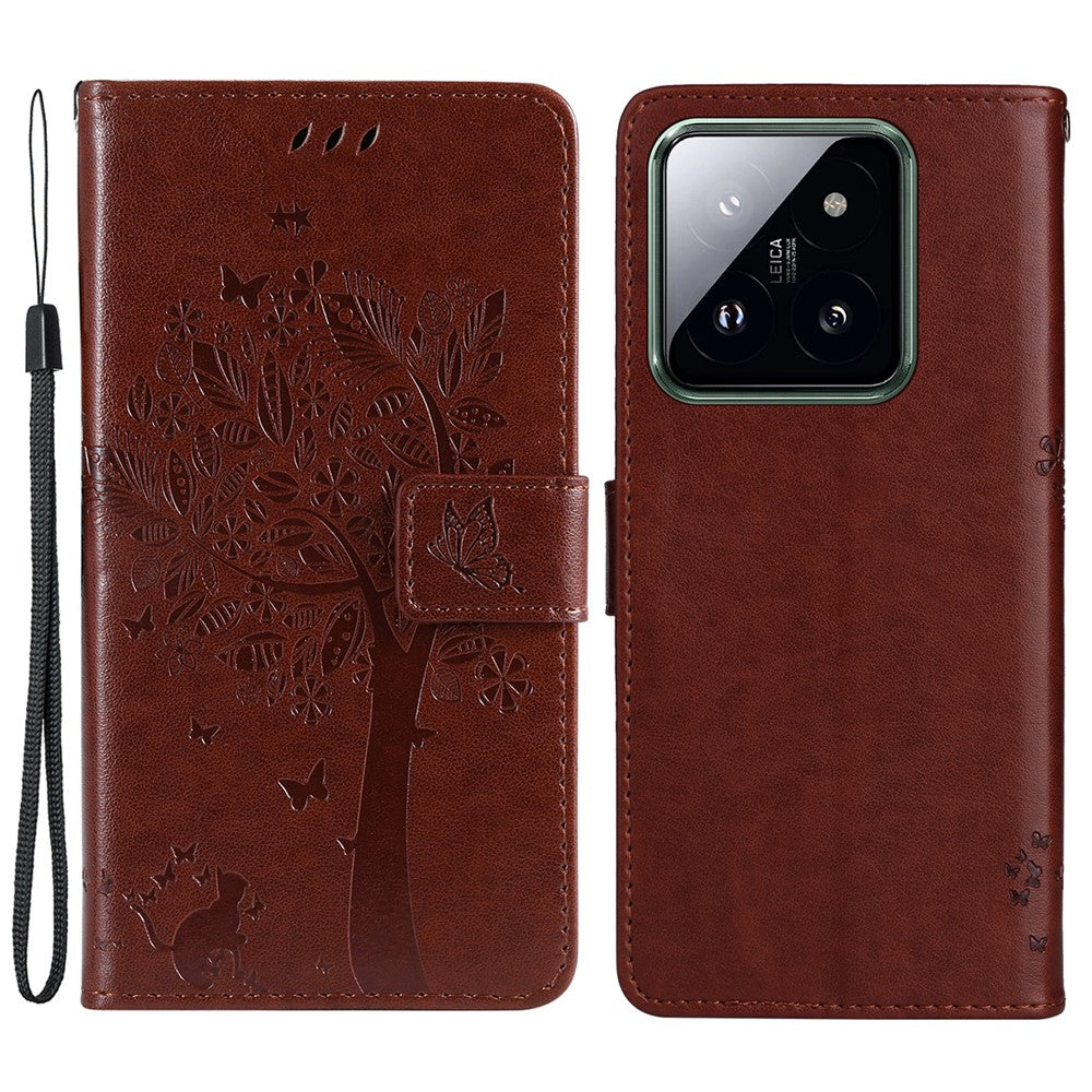 For Xiaomi 14 Pro Phone Case with Stand Cat Tree Pattern Leather Wallet Mobile Cover