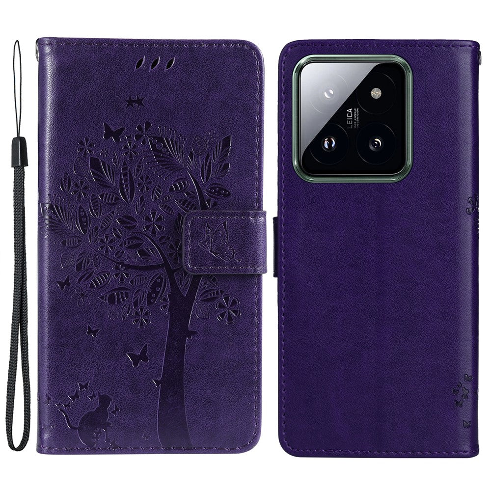 For Xiaomi 14 Pro Phone Case with Stand Cat Tree Pattern Leather Wallet Mobile Cover