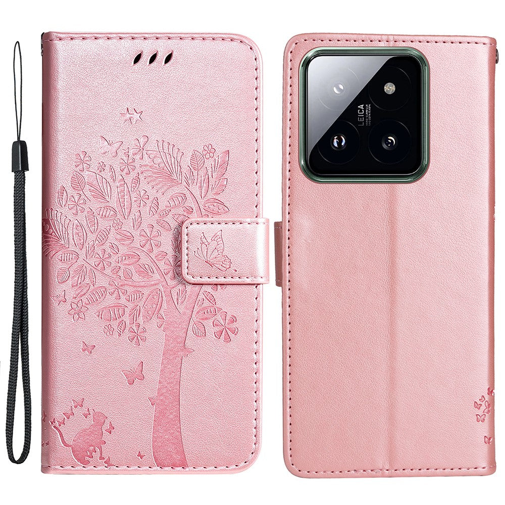 For Xiaomi 14 Pro Phone Case with Stand Cat Tree Pattern Leather Wallet Mobile Cover