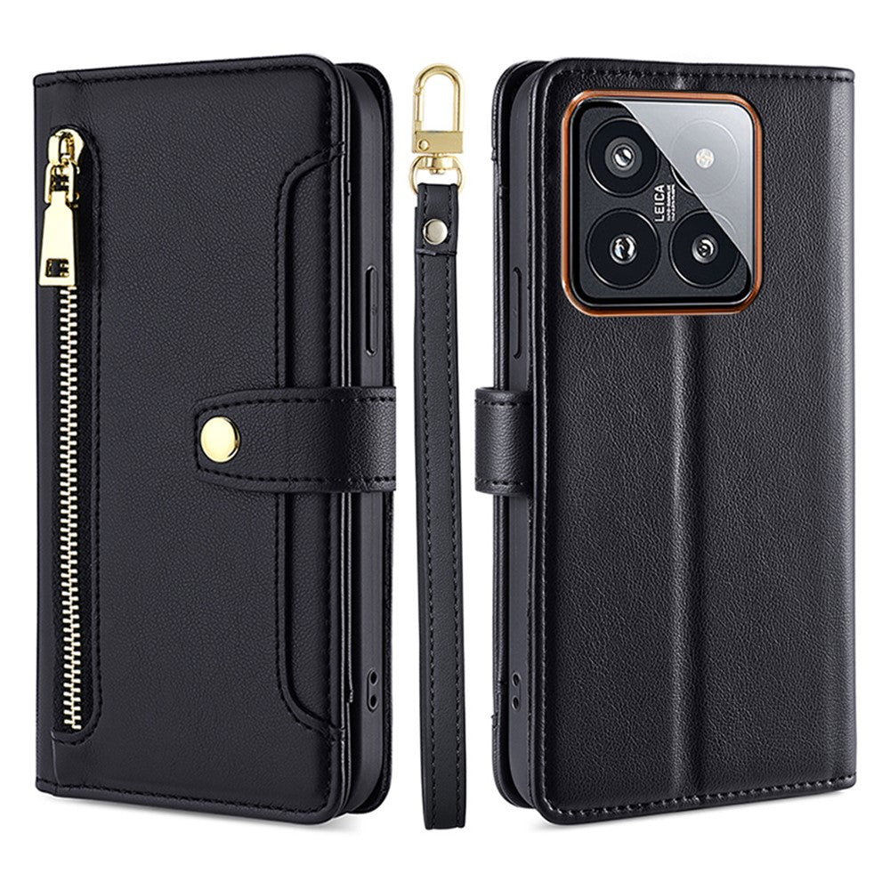 For Xiaomi 14 Pro Leather Case Card Holder Stand Phone Cover with 2 Straps