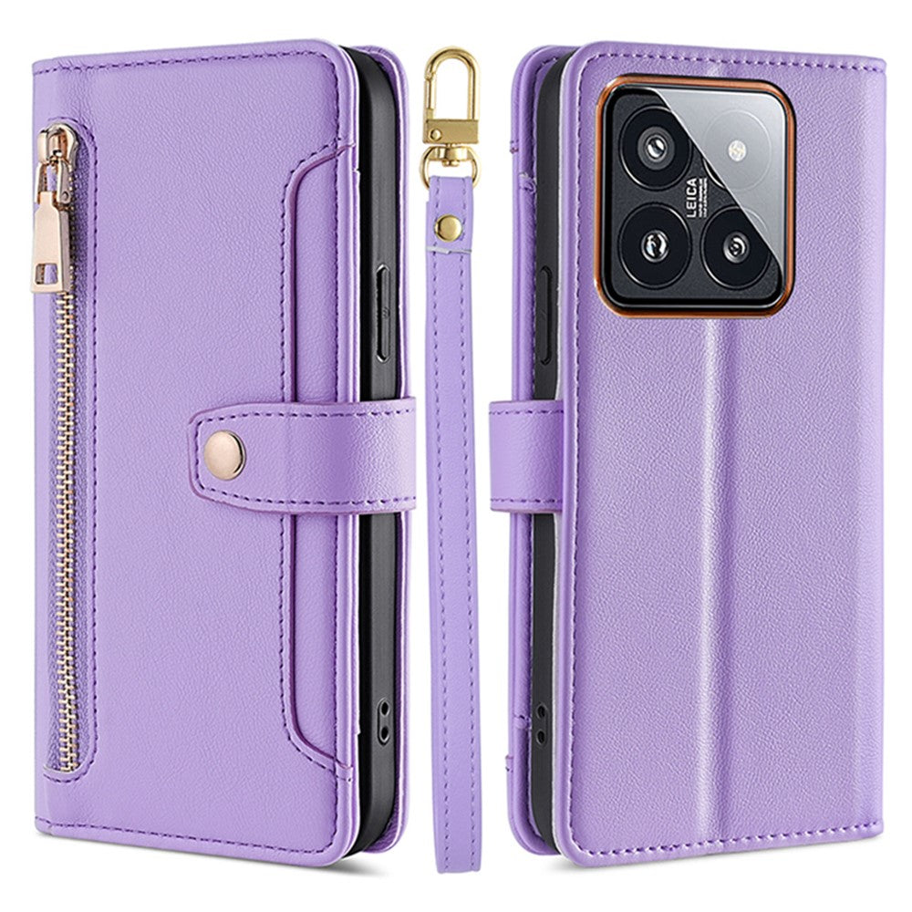 For Xiaomi 14 Pro Leather Case Card Holder Stand Phone Cover with 2 Straps