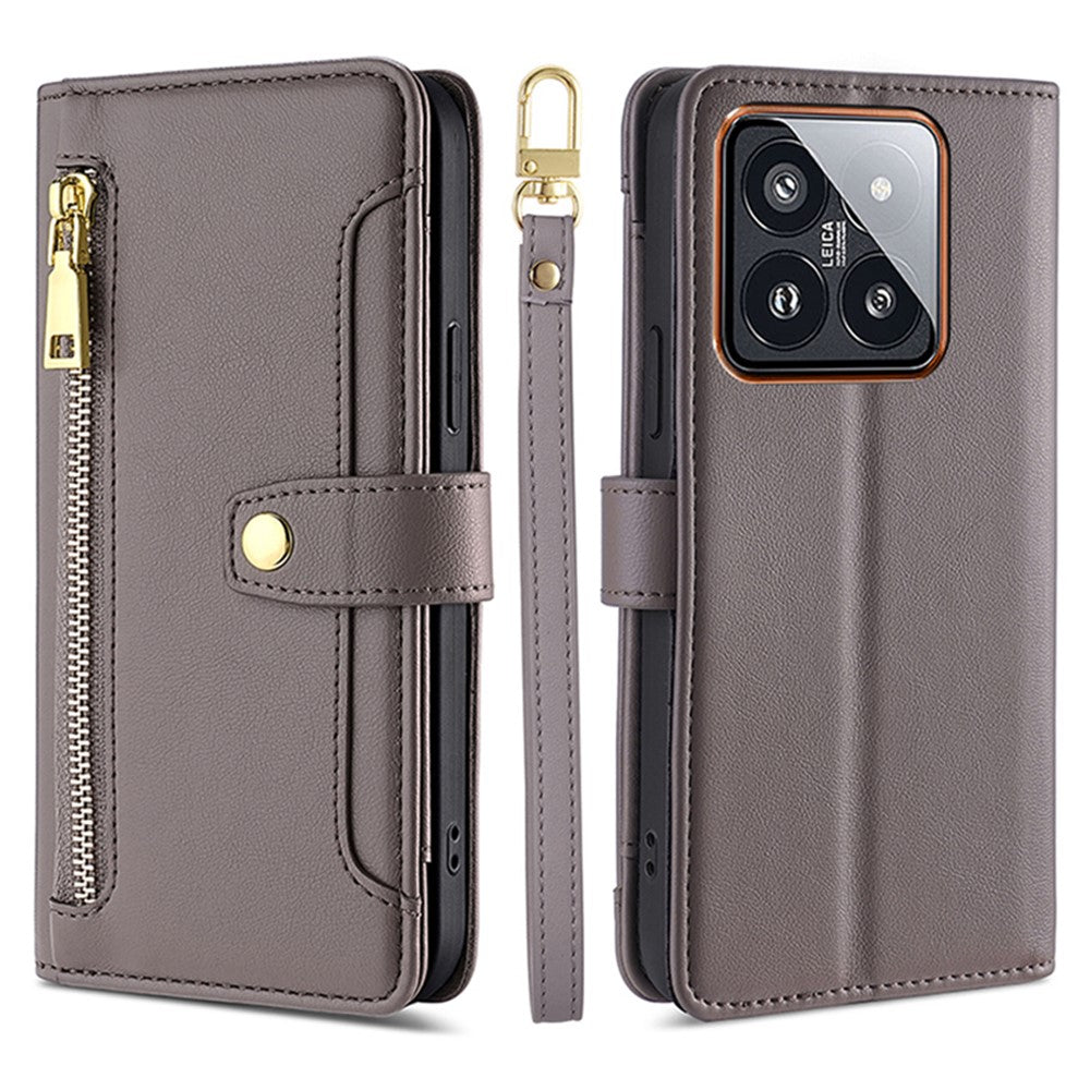 For Xiaomi 14 Pro Leather Case Card Holder Stand Phone Cover with 2 Straps