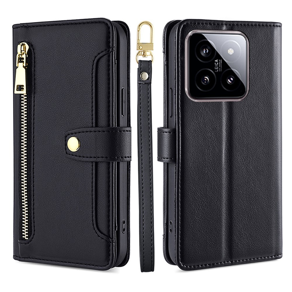 For Xiaomi 14 Case Card Slots Zipper Wallet Leather Cover with 2 Straps