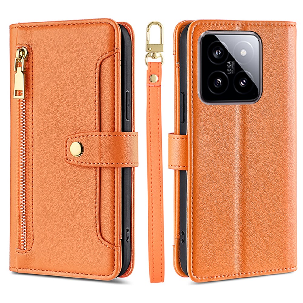 For Xiaomi 14 Case Card Slots Zipper Wallet Leather Cover with 2 Straps