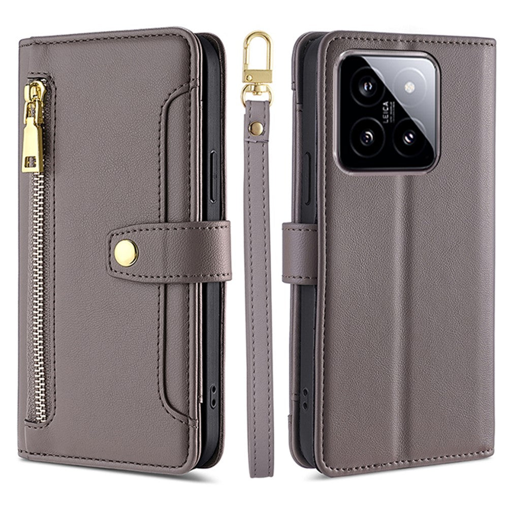 For Xiaomi 14 Case Card Slots Zipper Wallet Leather Cover with 2 Straps