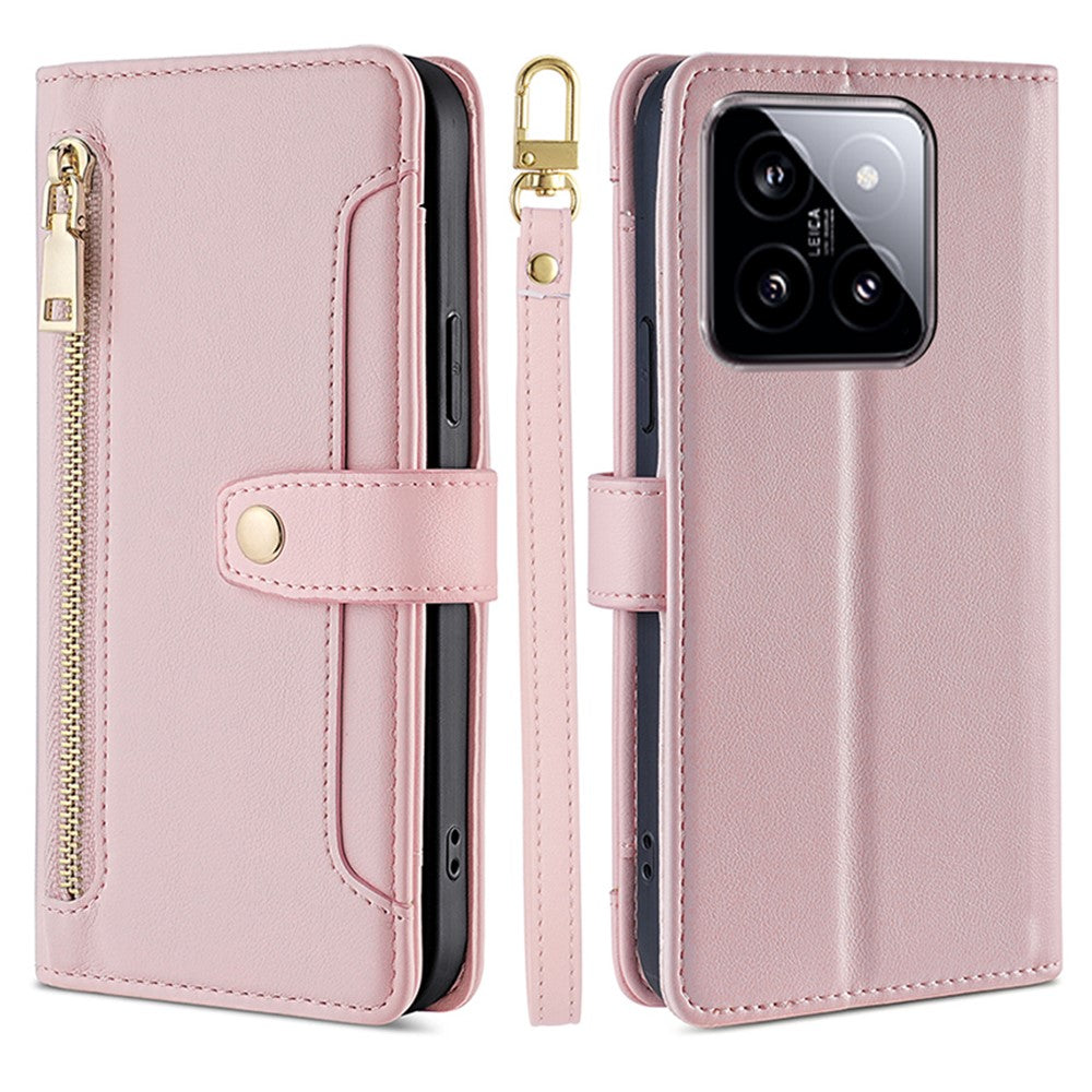 For Xiaomi 14 Case Card Slots Zipper Wallet Leather Cover with 2 Straps